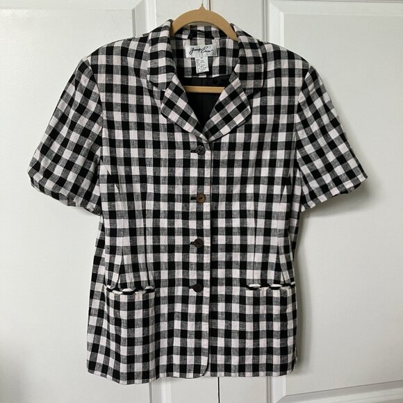 Vintage Jennifer Eden Blazer Top Womens 14 Linen Blend Gingham Black White Shirt - Picture 1 of 7